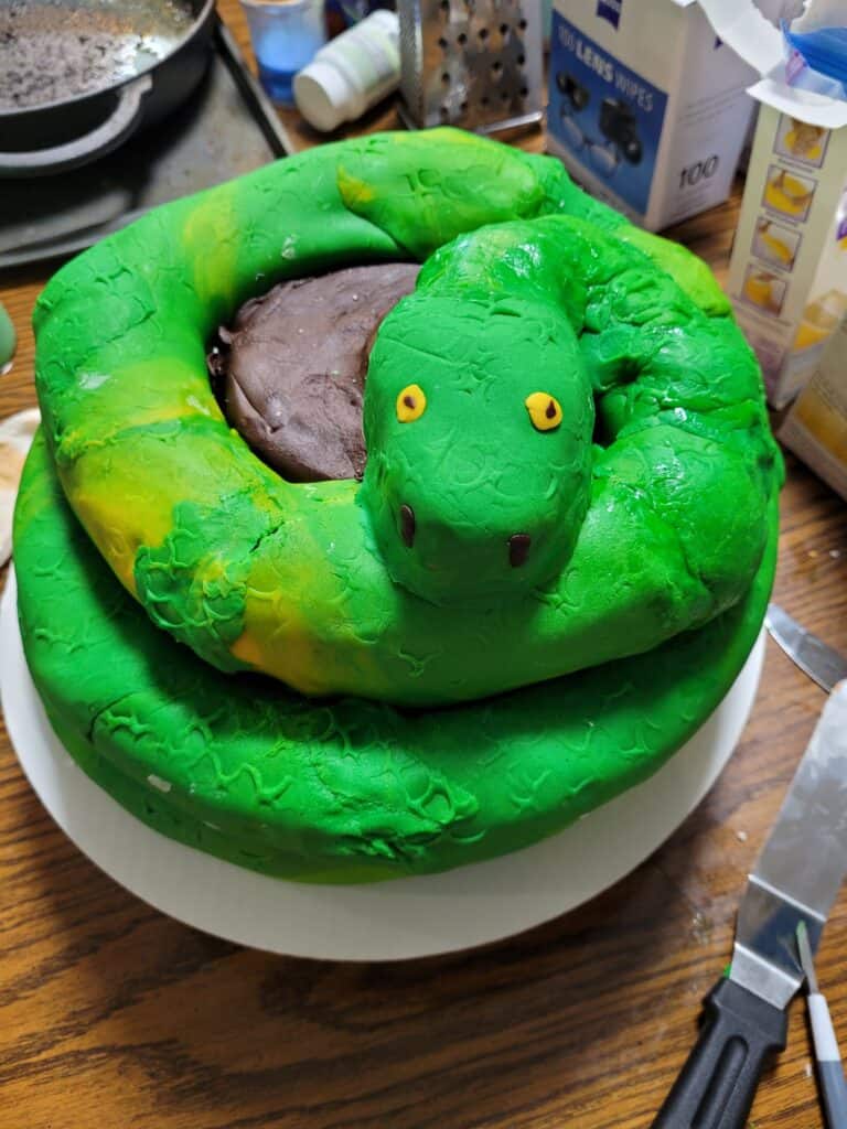 snake shaped cake. green fondant mixed with yellow and scale pattern and yellow eyes. snake looks like it is wrapped around a rock