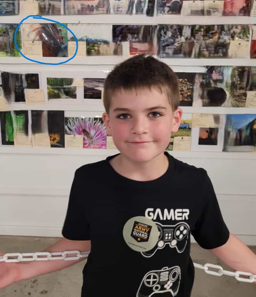 young boy standing near photos displayed at state fair, circle around picture of polish rooster crowing