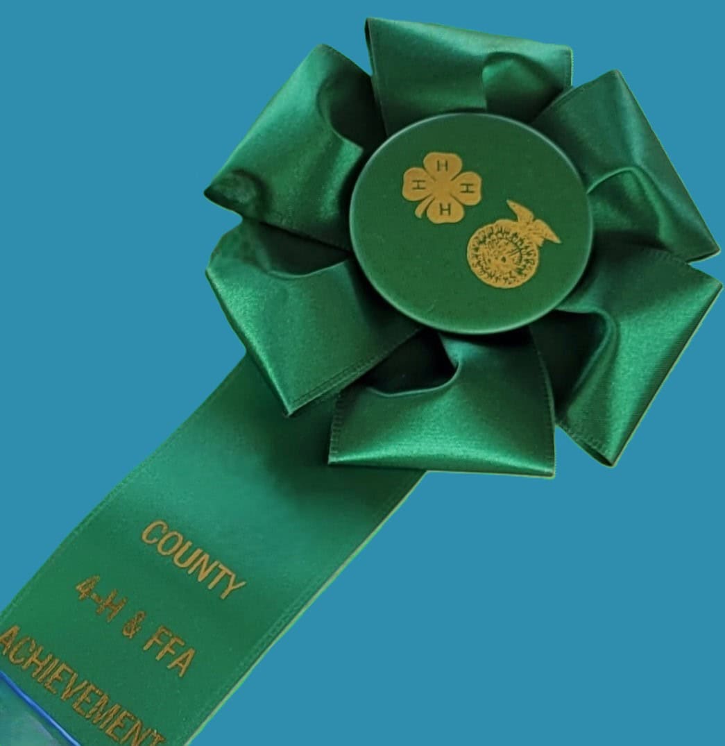 A green award ribbon that says Best in Show with a 4H symbol (a four leaf clover) and the FFA symbol on it