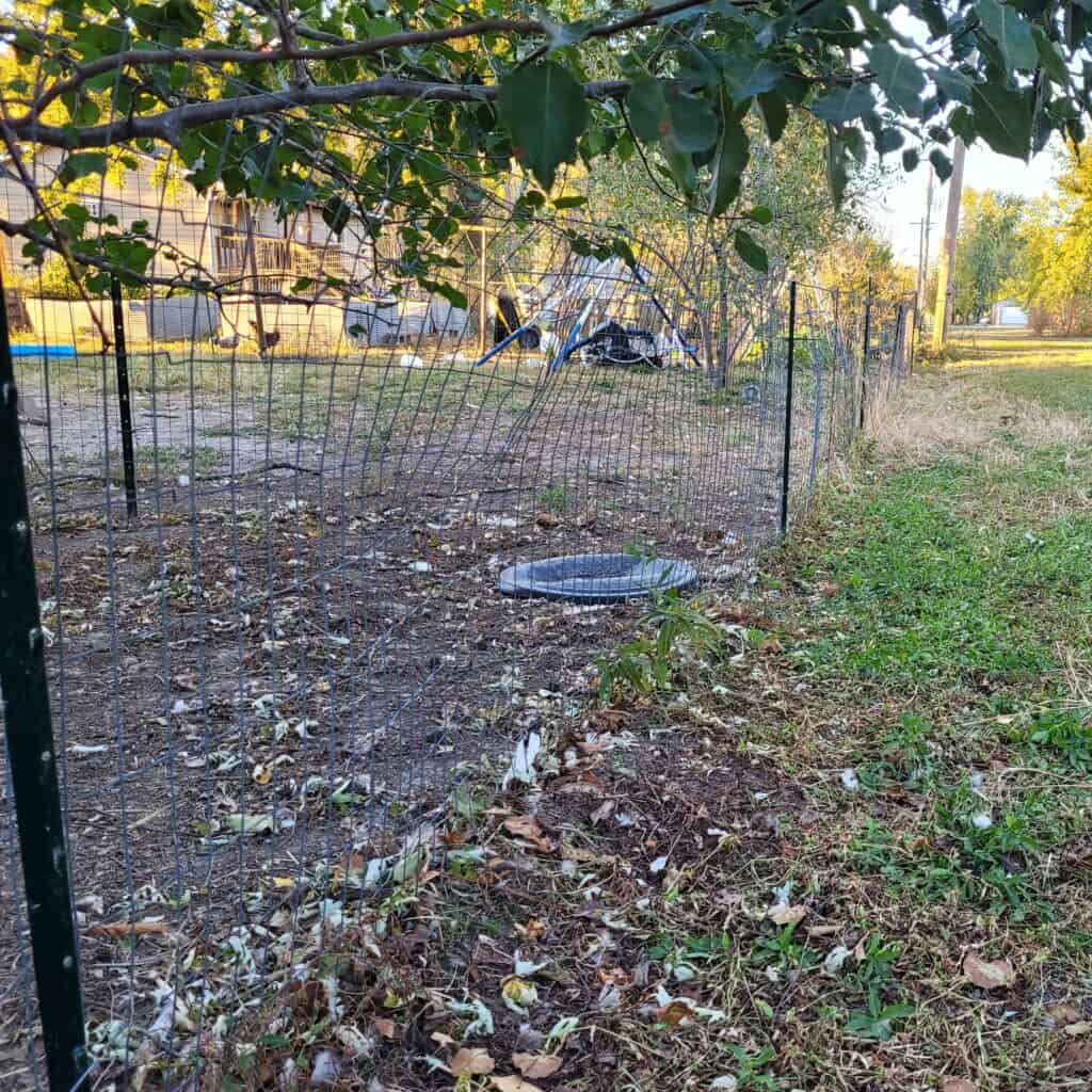 view looking down a fence line of a backyard