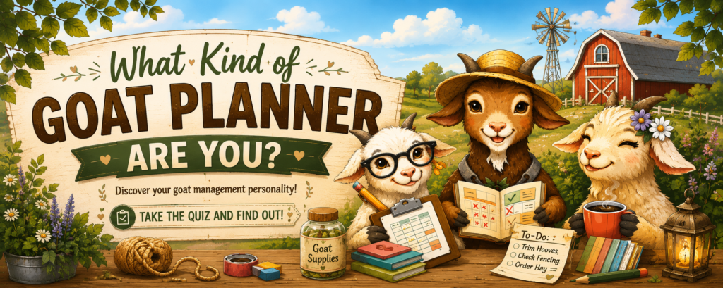 AI generated image of 3 goats dressed as homesteaders with the homestead in the background. A table of goat care supplies and checklists are in front of them. The left of the image has words saying "What Kind of Goat Planner Are You? Discover your goat management personality! Take the quiz to find out."