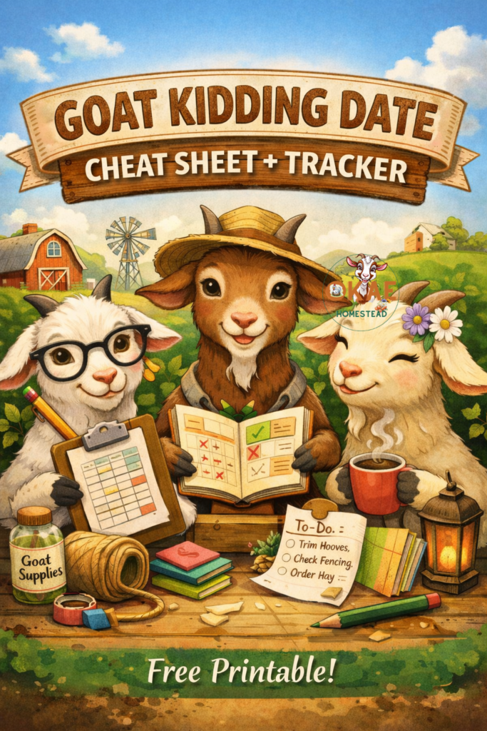 AI generated image of 3 goats dressed as homesteaders with the homestead in the background. A table of goat care supplies and checklists are in front of them. The top of the image has words saying "Goat Kidding Date Cheat Sheet + Tracker"