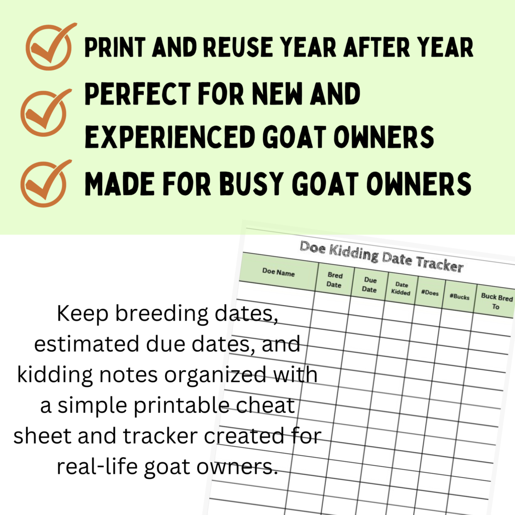print and reuse year after year, perfect for new and experienced goat owners, made for busy goat owners, keep breeding dates, estimated due dates and kidding notes organized with a simple printable cheat sheet and tracker created for real life goat owners